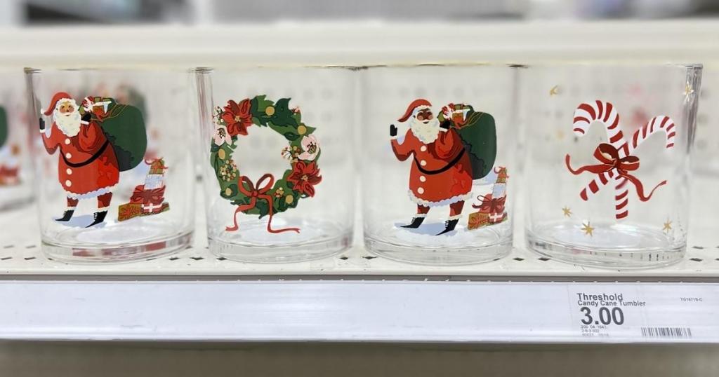 Threshold 13.8" Glass Short Tumblers in Candy Cane, Wreath and Santa