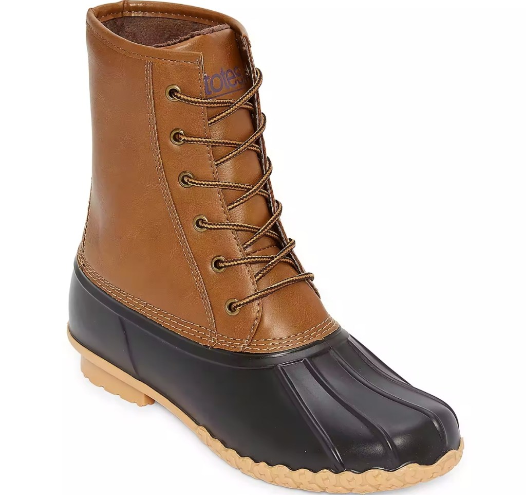 brown and black lace-up duck boot