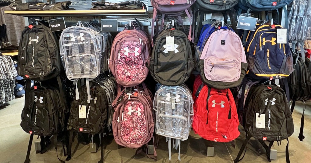 display of under armour backpacks in store