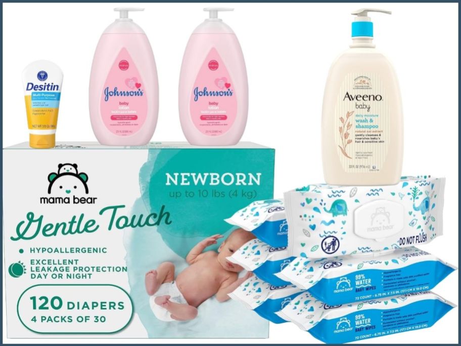image with Amazon Mama Bear Diapers, wipes, Destin Diaper Rash Ointment, 2 Johnson & Johnson Baby Lotion bottles and 1 large Aveeno Baby Shampoo and Bath Wash bottle
