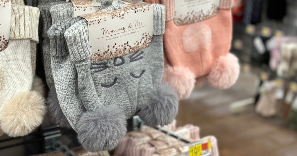 mommy and me themed beanie sets on display in-store