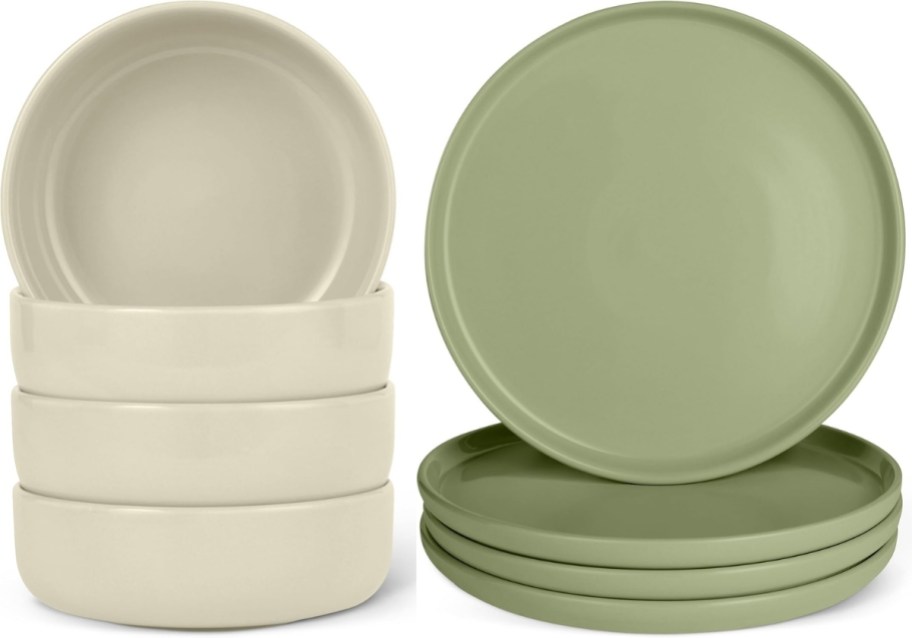 4 piece bowl set shown with 4 piece dinner plate set