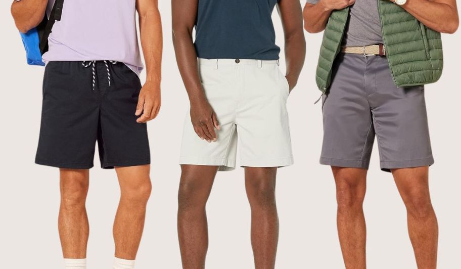 3 male models wearing amazon essentials mens shorts in black silver and grey