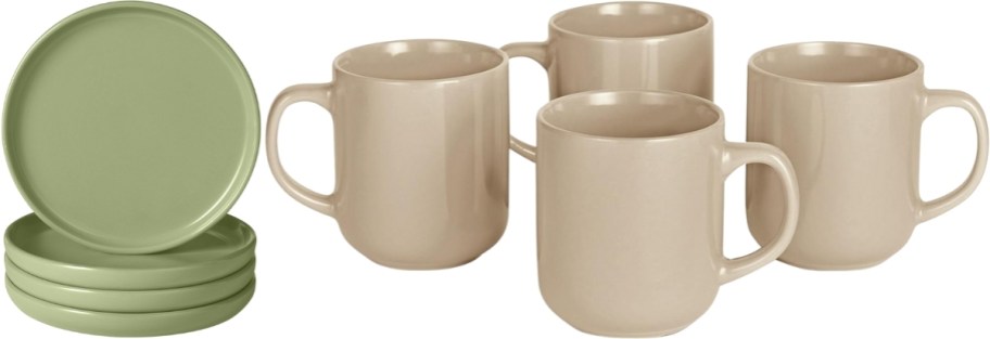 4-piece dessert plate set shown with 4 piece mug set