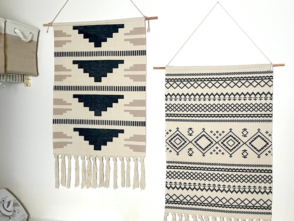 macrame tapestries hanging on wall