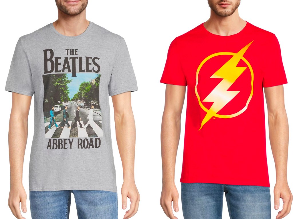 two men wearing the beatles and flash grapic tees