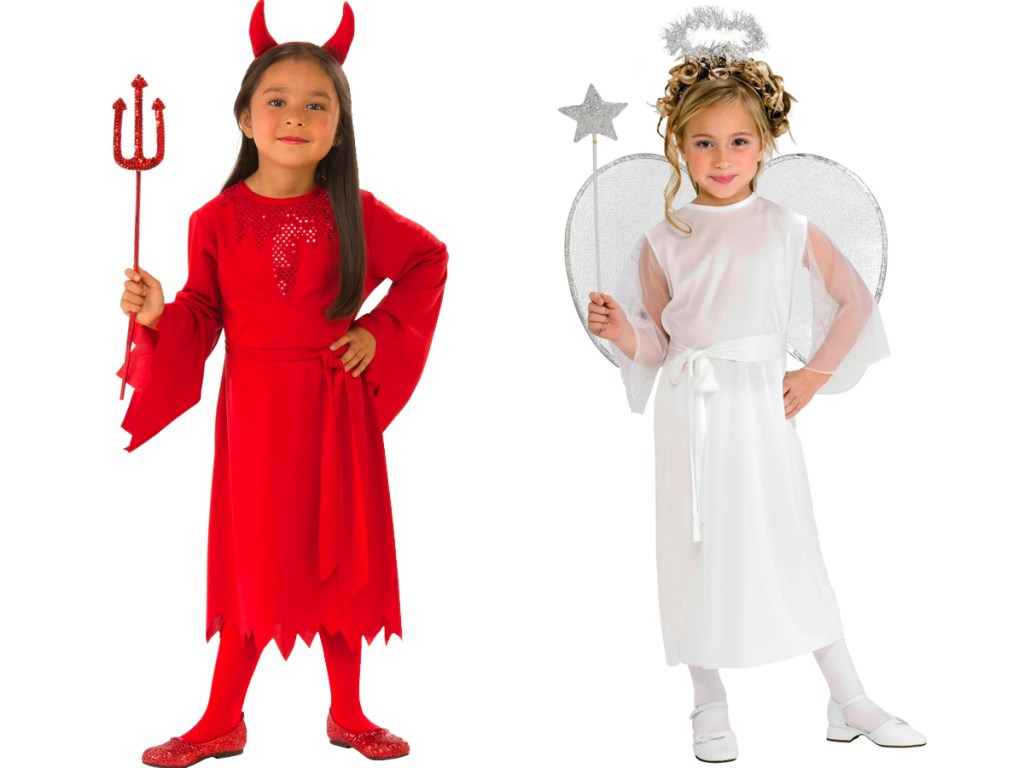 kids wearing costumes devil and angel