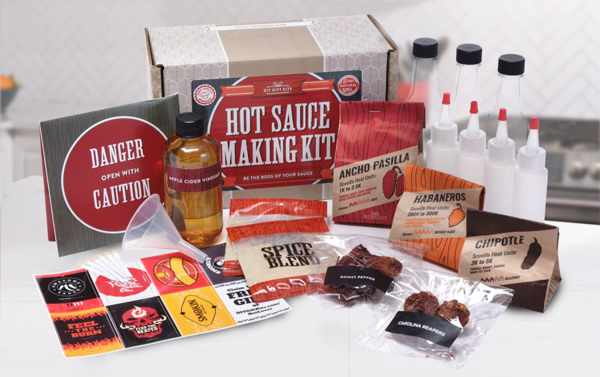 diy hot sauce making kit contents displayed in front of box