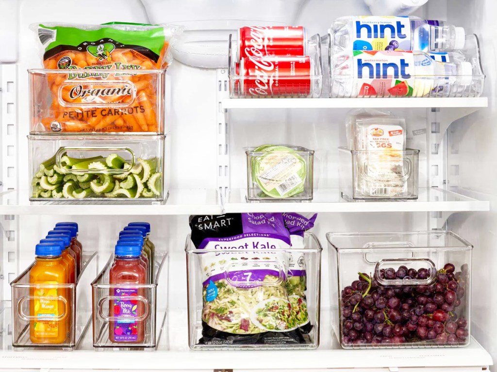 fridge organized with clear bins