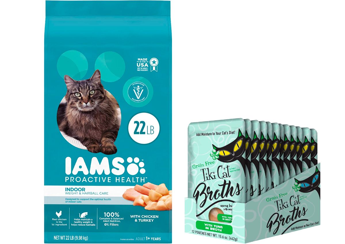 side by side stock images of iams pro-active health cat food and tiki cat broth