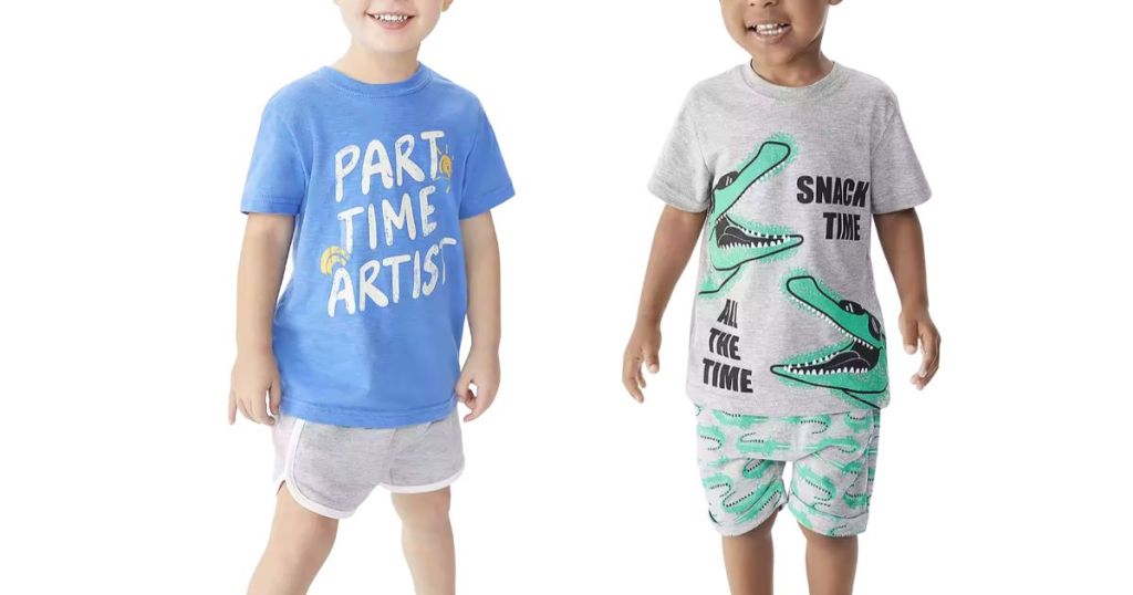 2 boys wearing graphic tees and shorts