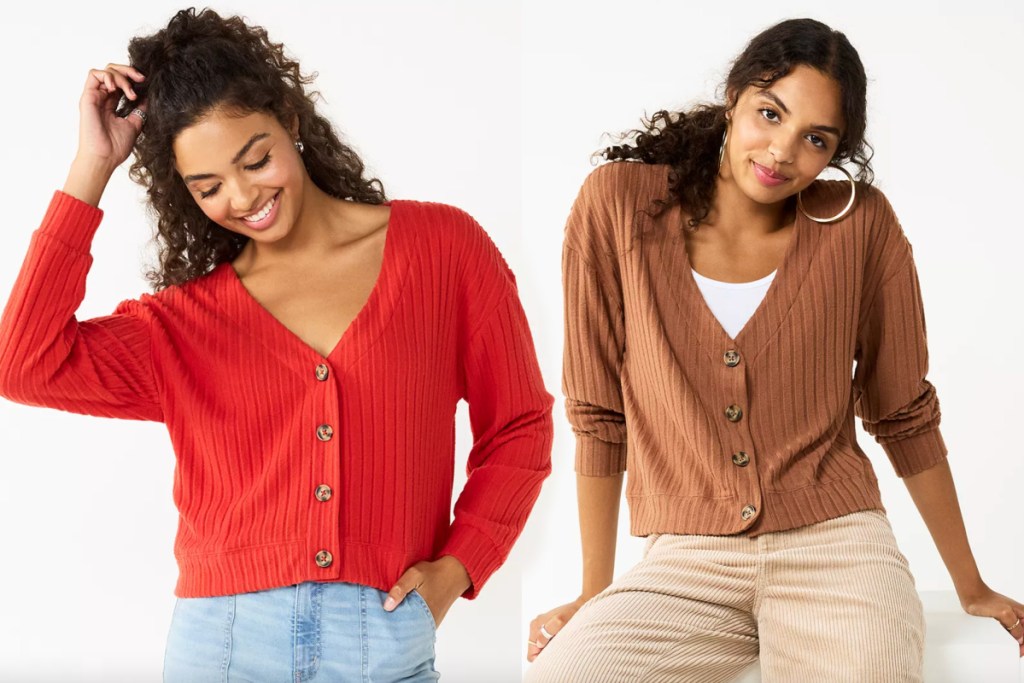 red and brown crop cardigan