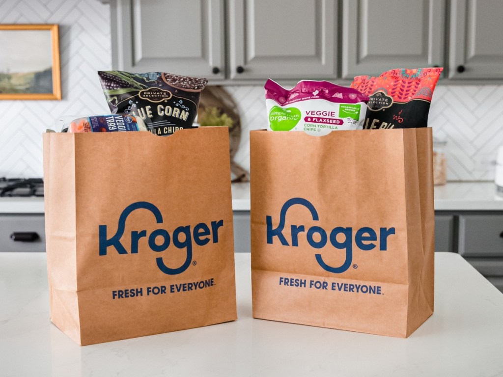 2 paper bags of Kroger groceries
