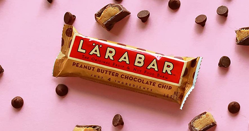 peanut butter chocolate chip larabar with choclate chips laying around it 