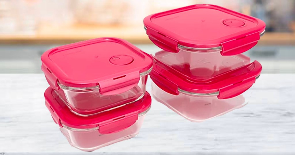 4 piece glass container set with red lids