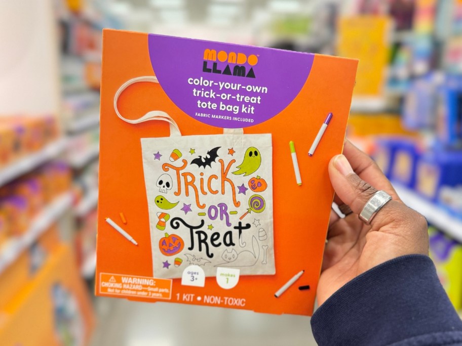 hand holding a make your own Halloween trick or treat bag kit