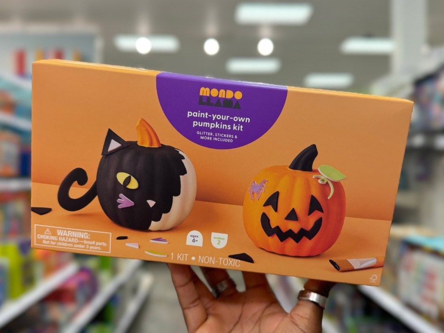 hand holding a Halloween paint your own pumpkins kit