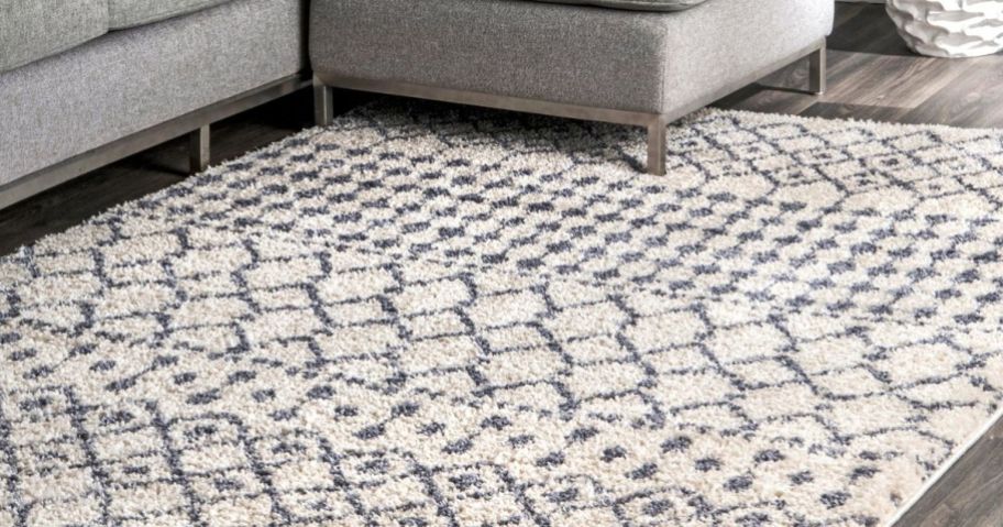 blue and white nuLOOM area rug under couch