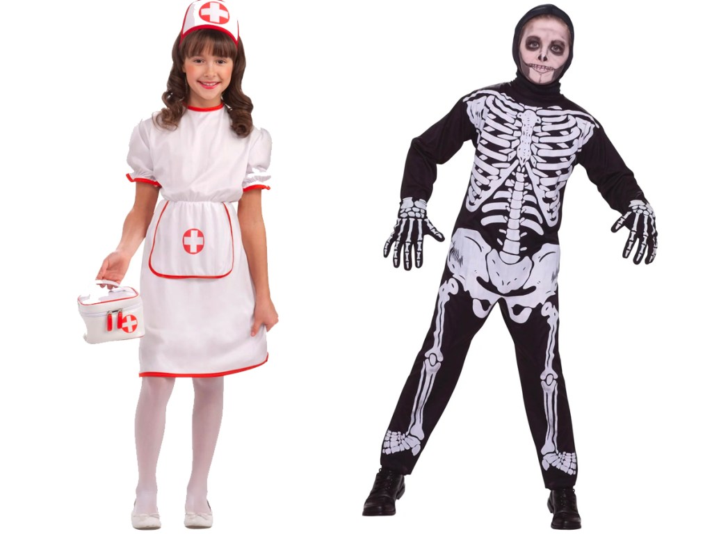 kids wearing costumes nurse and skeleton