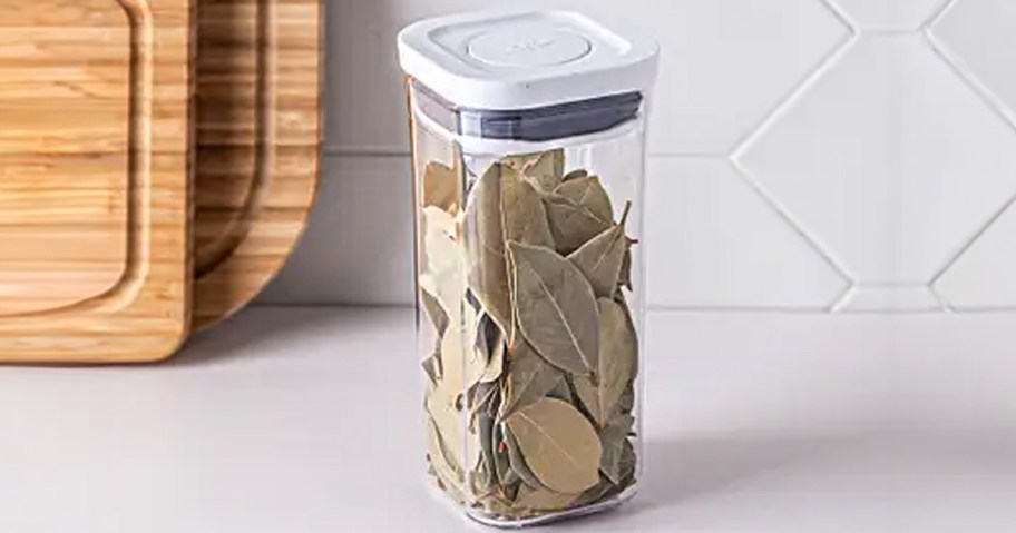 mini oxo container with bay leaves in it on counter