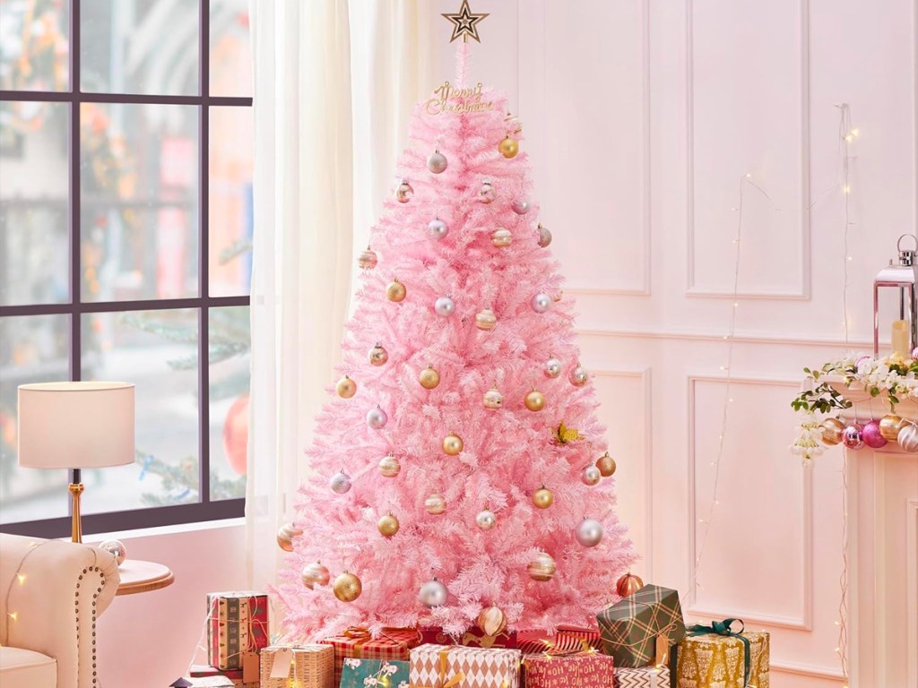 pink christmas tree with gold and white ornaments