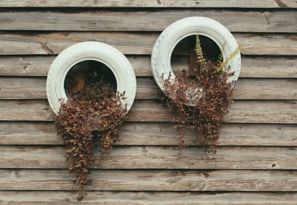 white tires with plants hanging on wood siding