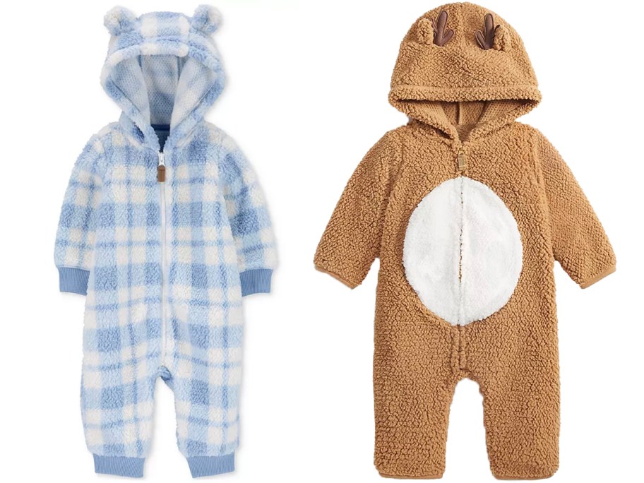 blue and white plaid and reindeer carters hooded jumpsuits