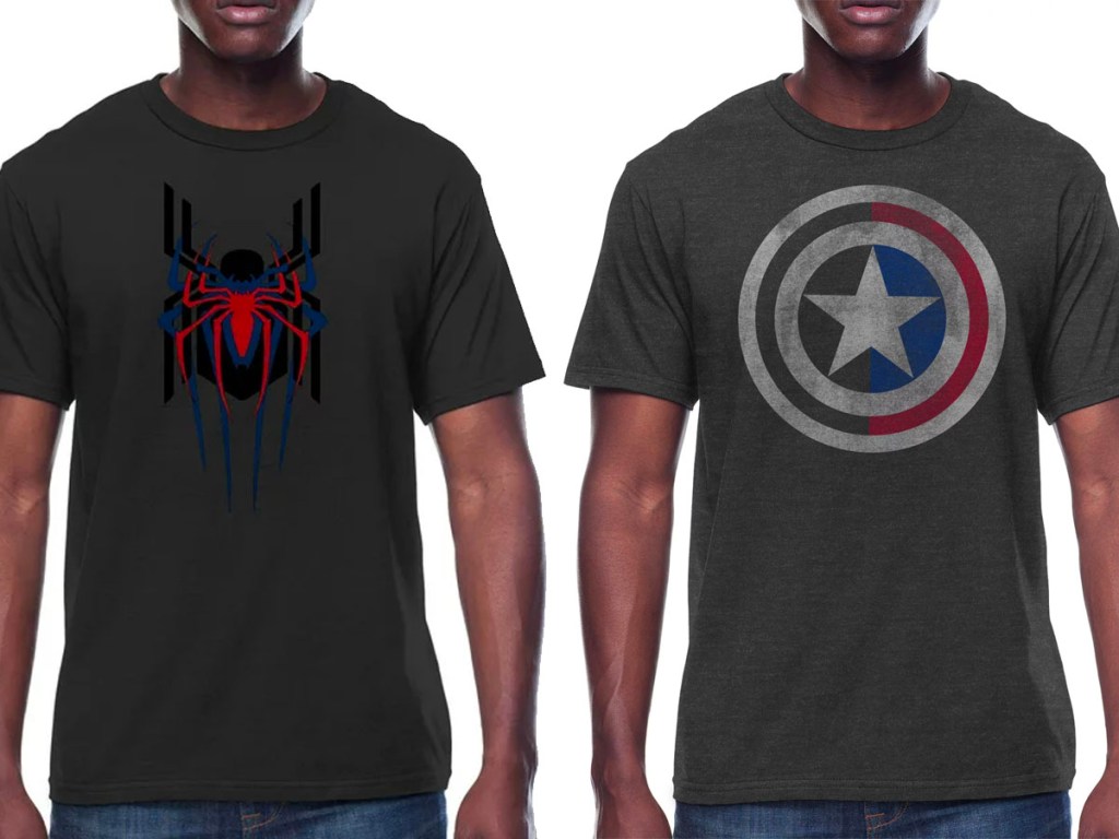 two men wearing gray spiderman and captain america tees