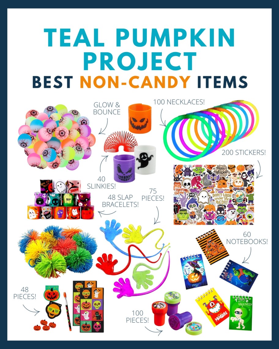 teal pumpkin project best non candy items graphic with various stock photos of items