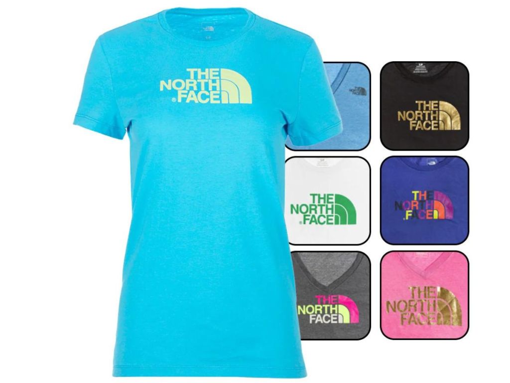 blue The North Face women's tee with The North Face logo in yellow on front and 6 other tee styles next to shirt