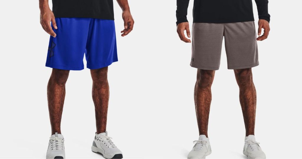 man wearing blue shorts and man wearing tan shorts