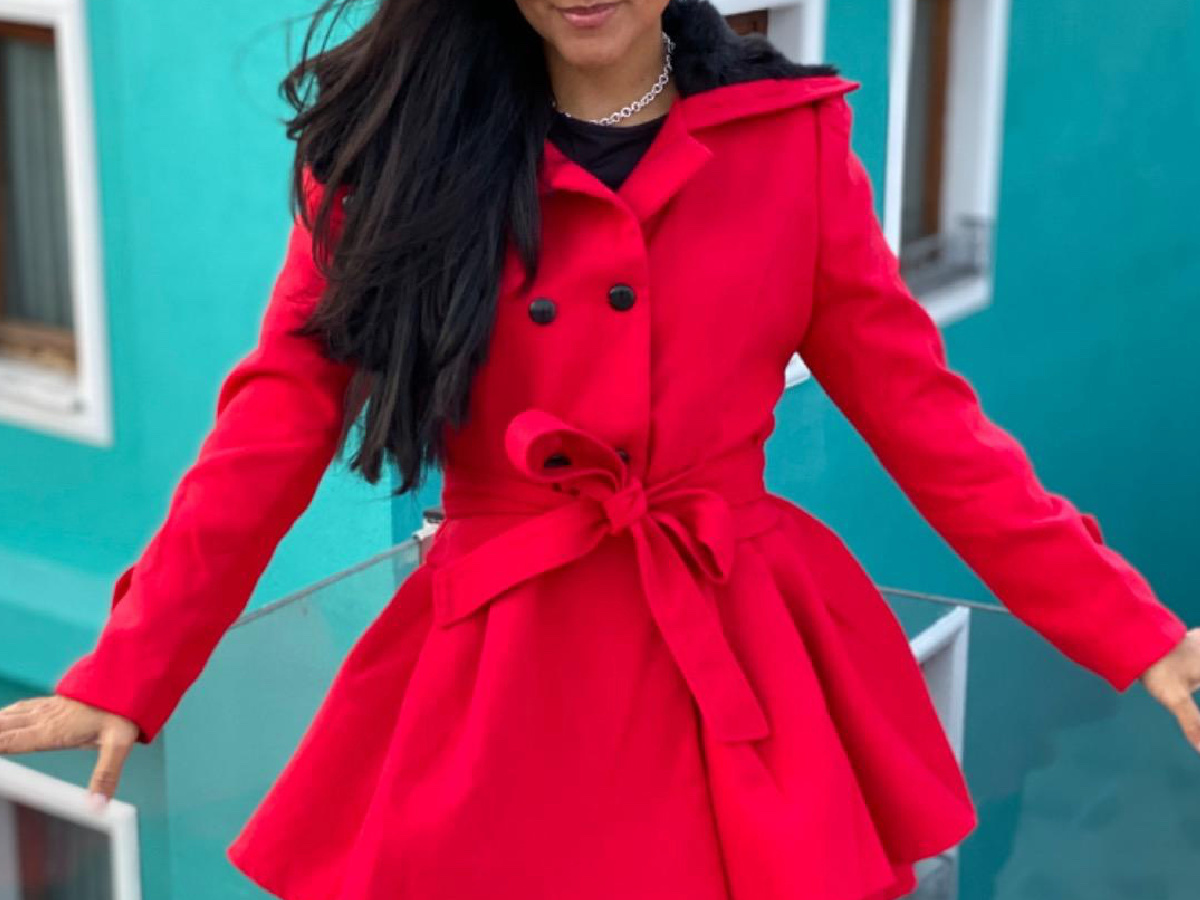 woman wearing red coat