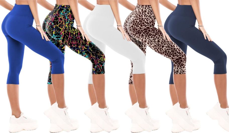 5 women in different colors of capri leggings