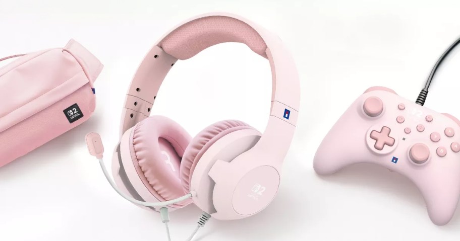a pink Nintendo switch carry bag, headset, and controller