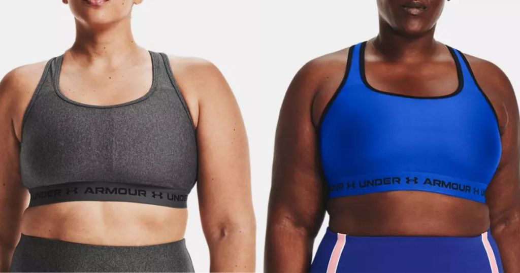2 women wearing a grey and a blue Under Armour sports bra