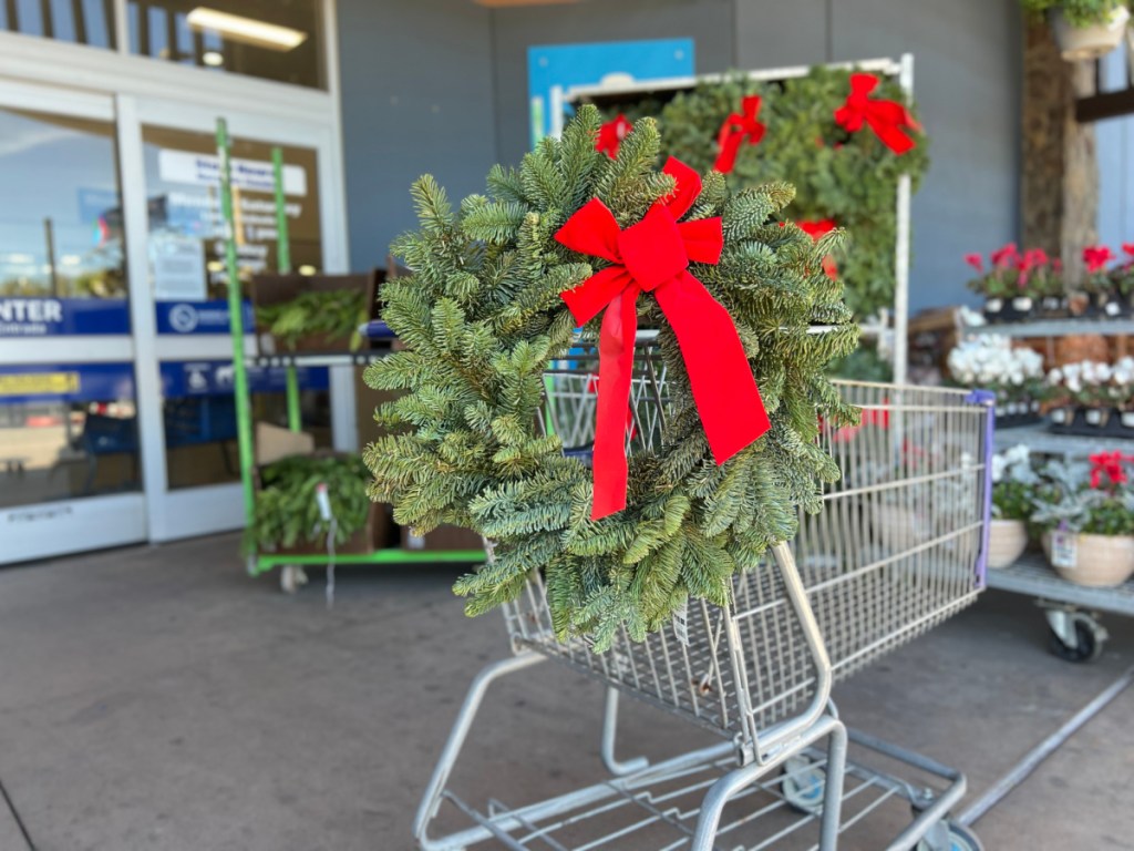 Fresh Noble Fir Christmas Wreath with Bow in Lowe's cart 