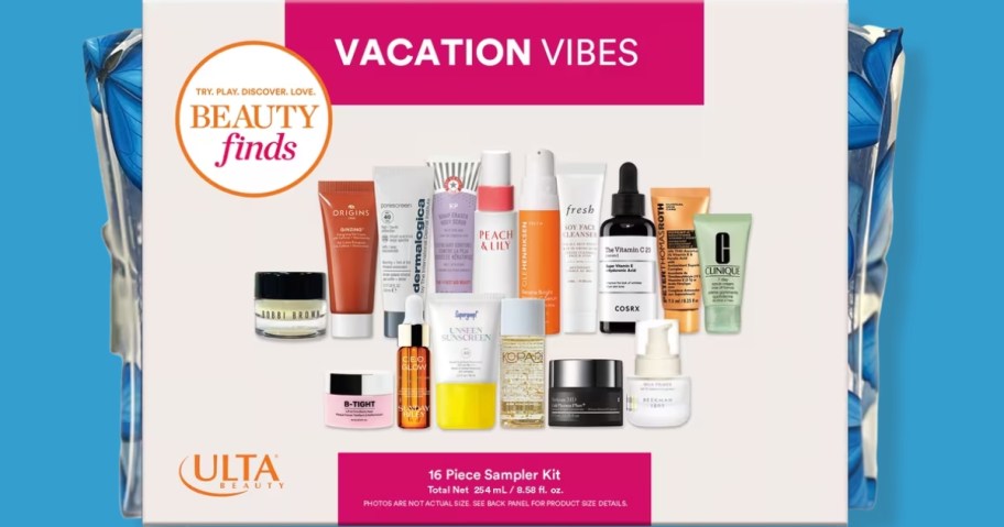 Ulta Beauty finds Vacation Vibes sampler kit shown in bag with packaging