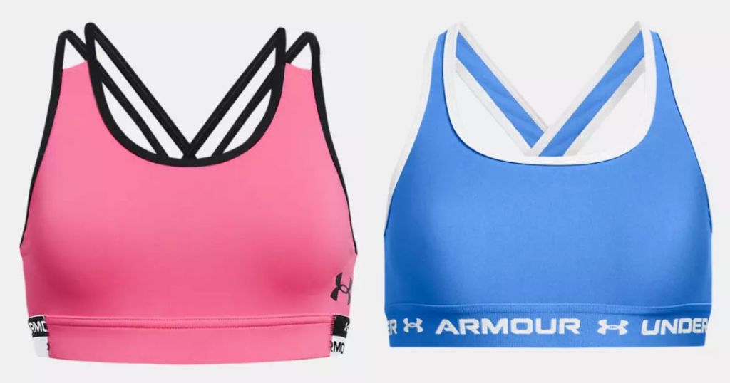 Pink and black and blue and white girls Under Armour sports bras