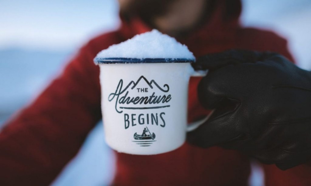 Winter RV Rental - RVShare - Adventure Awaits Mug With Snow