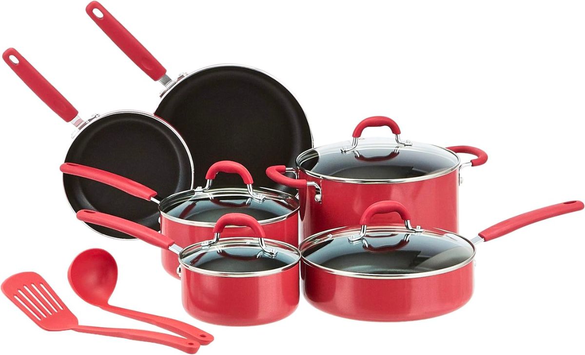 red cookware set on white background