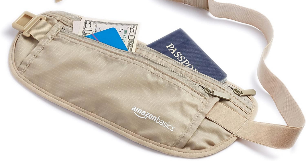 stock image of Amazon Basics Fanny Pack filled with money and a passport