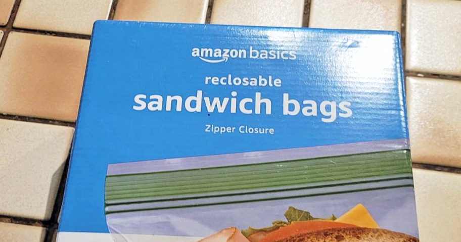 blue box of Amazon Basics Sandwich Bags