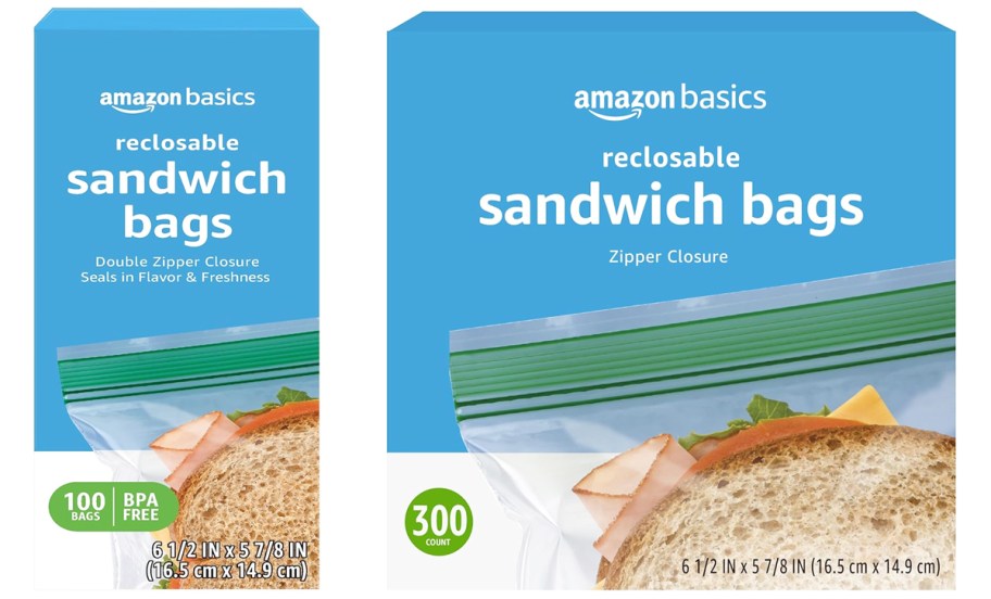 two blue boxes of Amazon Basics Sandwich Bags