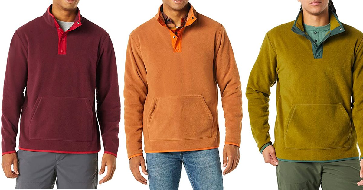 men wearing Amazon Essentials snap fleece jackets