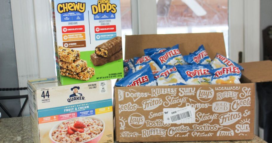 Large boxes of Quaker Granola Bars, Quaker Oatmeal and Ruffles Potato Chips from Amazon
