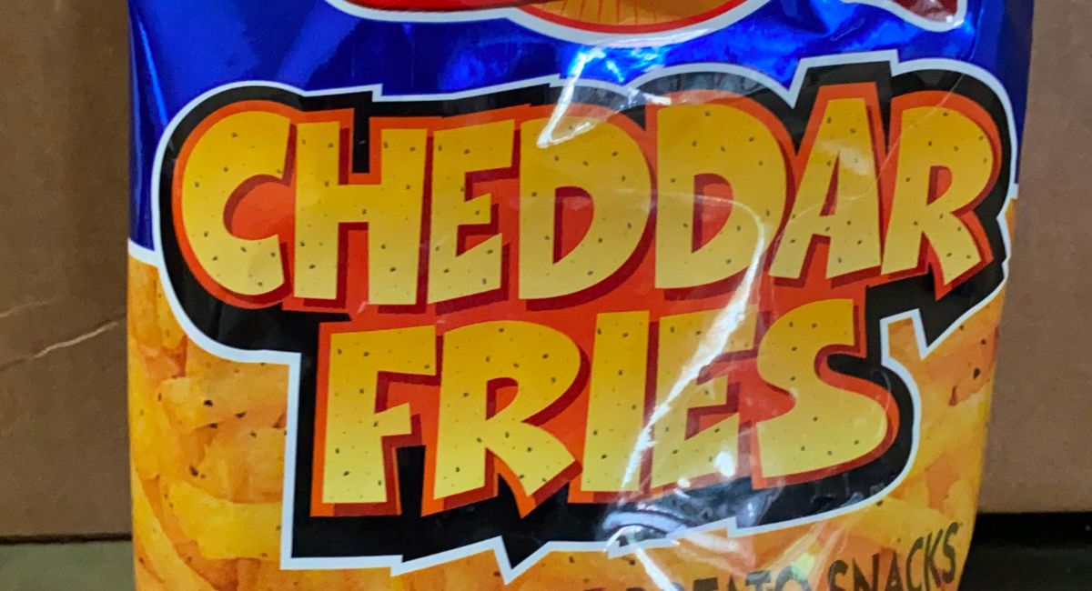 a close up of an Andy capps cheddar fries bag