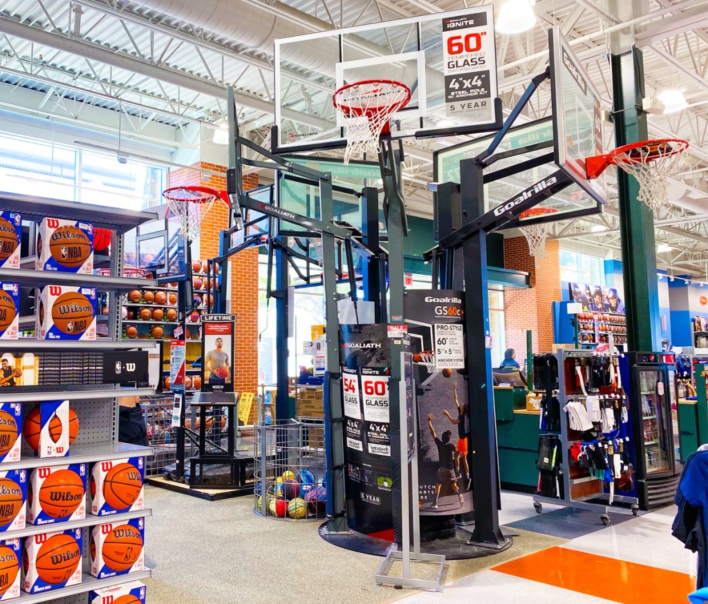 display of basketball hoops at dick's sporting goods