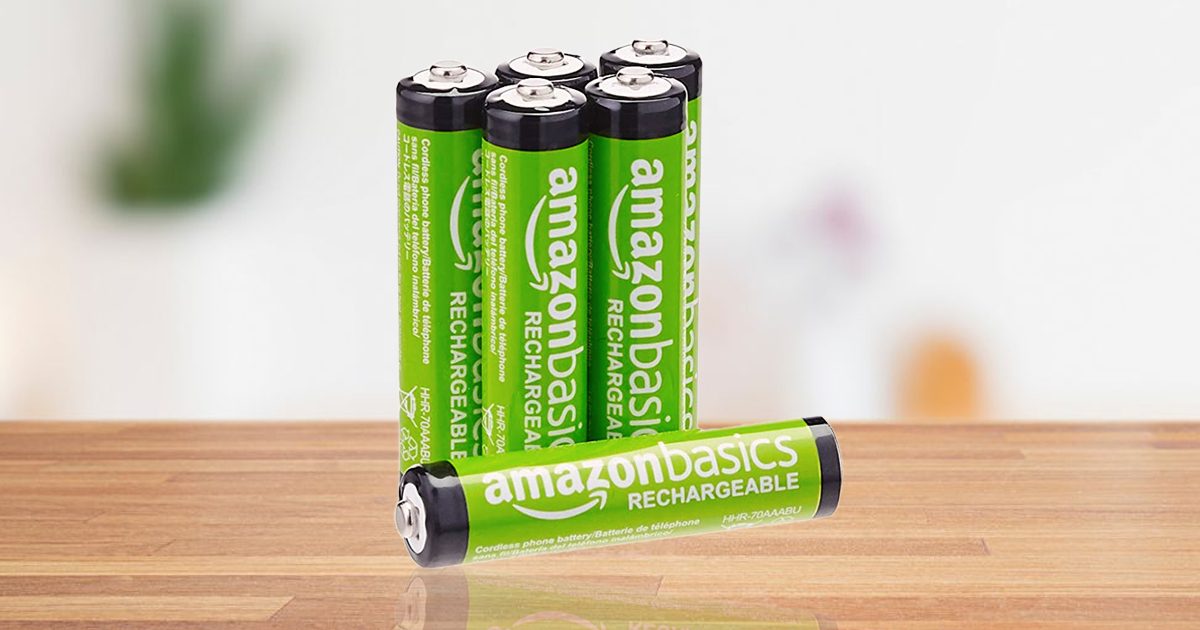 six rechargeable amazon AAA batteries on the edge of a table