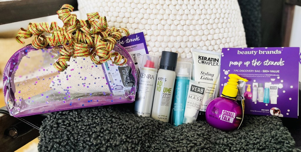 mini haircare products and beauty bag