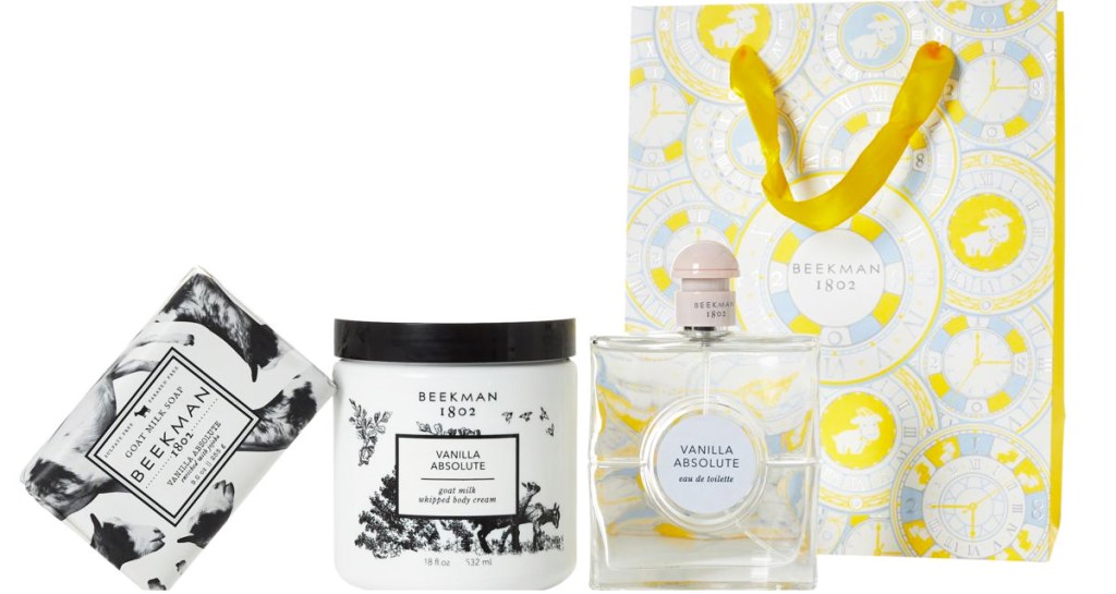 gift set with bag, bar soap, body cream, and perfume